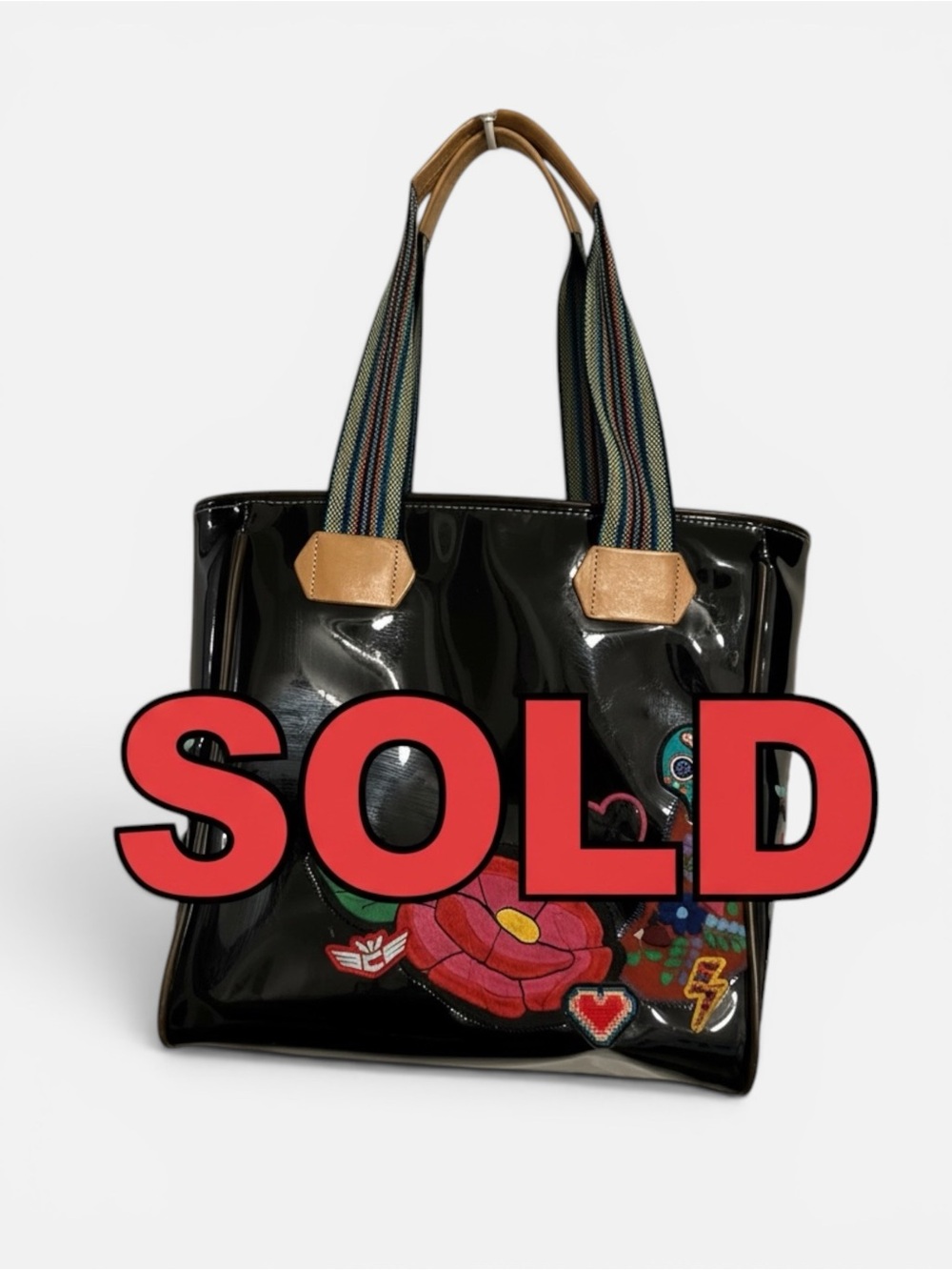 SOLD ✨Consuela Black Patent Embroidered Tote – Excellent Condition✨